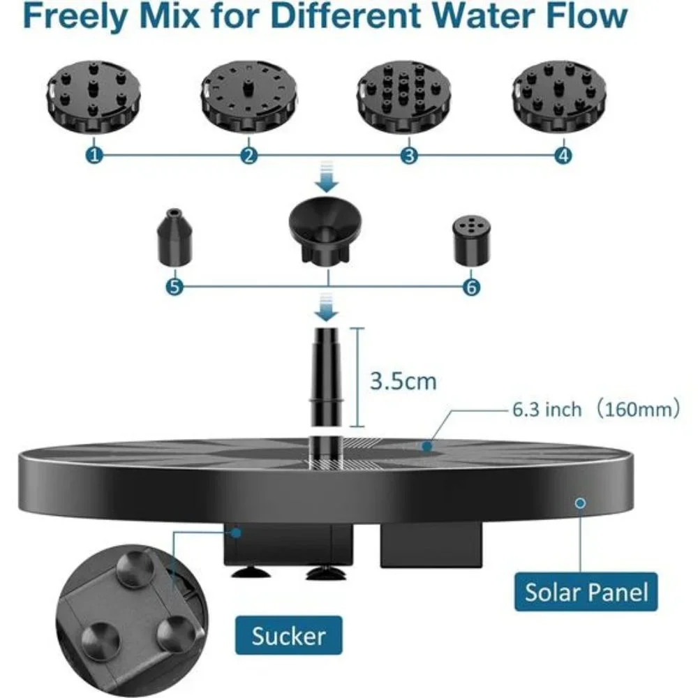 2.5W Solar BirdBath Fountain Pump,Solar Fountain Pump for BirdBath with 6Nozzles